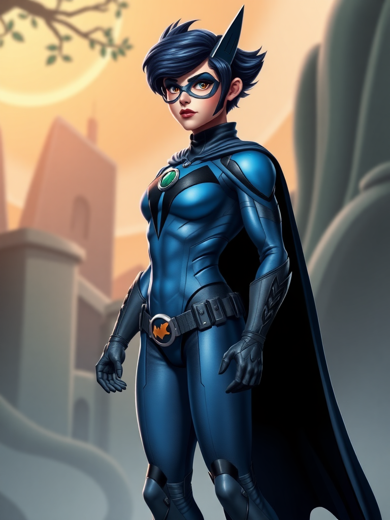 Full-length rendered image of Nightwing, incorporating Wilma Flintstone's physique while retaining Nightwing's head, iconic hairstyle, and distinct facial features. The costume should be primarily Nightwing's, but seamlessly integrate embellishments from Wilma Flintstone's attire, adjusting for the new proportions. The background should be a cohesive blend of elements drawn from both Nightwing and Wilma Flintstone's respective universes, creating a harmonious fusion.