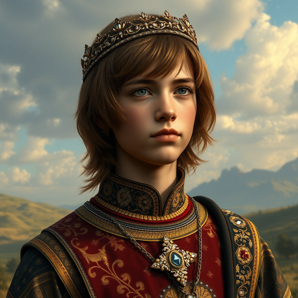 16yo teen boy prince, long bob cut, embroidered with gold and diamonds medieval cloths, diamond diadem, and Beautiful War. Free style by FLUX photorealistic. The background is in the style of landscape style by Antonio del Polaiolo, ultra high resolution, 16K, 