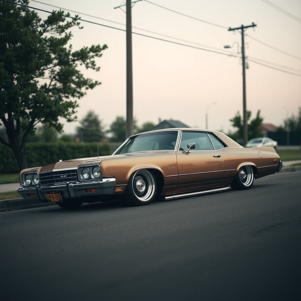 the car is parked on the side of the road, inspired by Taiyō Matsumoto, tumblr, restomod, nd4, c4 metallic shine classic american low rider car