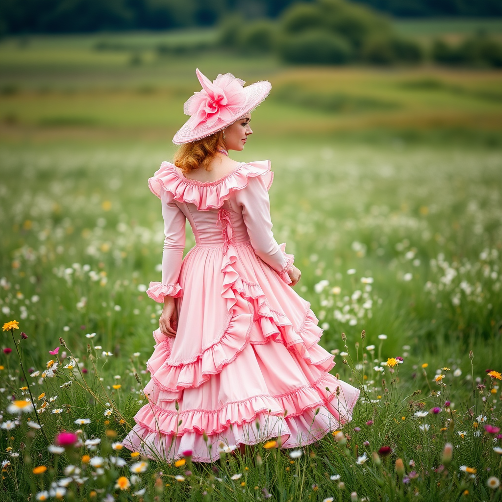 a woman in a pink dress and hat standing in a field of wildflowers, lolita style, lolita fashion, victorian dress, rococo ruffles dress, green and pink, victorian style, victorian gothic lolita fashion, victorian inspired clothing, victorian style costume, victorian era, pink and green, victorian england style, frilly outfit, dress in the style of rococo, vintage dress, fairytale style, feminine girly dress, rococo fashion, romantic dress, rococo dress