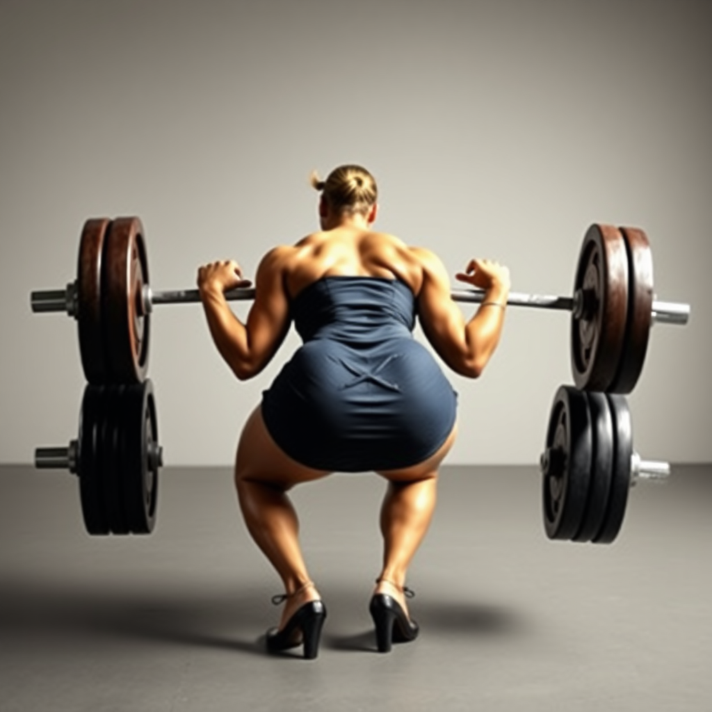 huge massive strong muscular bodybuilder girl, strapless dress, squatting a heavy barbell on her back