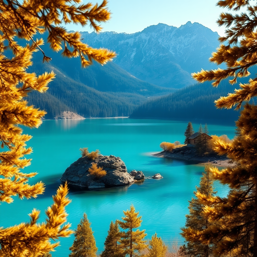 A serene mountain landscape featuring a tranquil lake with crystal-clear turquoise waters. The scene is framed by golden-brown coniferous trees, whose leaves shimmer softly in the dappled sunlight. Nestled in the foreground, a rocky island rises from the lake, covered with earthy tones, contrasting against the water's vibrant hue. In the background, majestic mountains loom, their peaks dusted with snow and their slopes adorned with dense, dark green forests. A quaint wooden structure is visible along the shoreline, hinting at human presence against the wild backdrop. The overall aesthetic is hyperrealistic, capturing intricate details of nature, with a palette of soft blues, earthy browns, and hints of golden sunlight piercing through the trees.