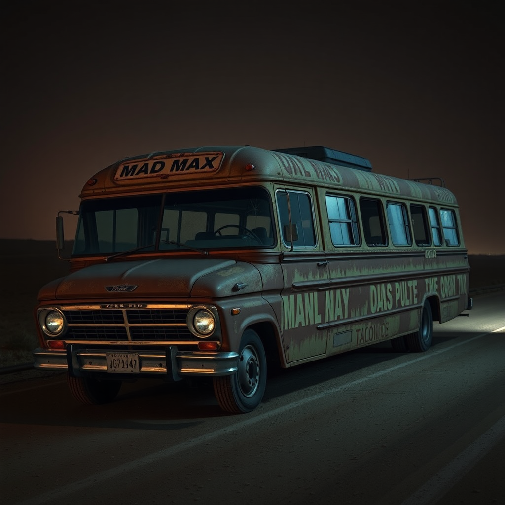 Ford Falcon Mad Max apocalyptic night dust rusty the bus is parked on the side of the road, inspired by Taiyō Matsumoto, tumblr, restomod, nd4, c4