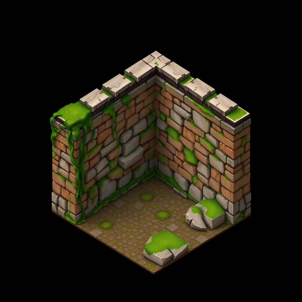 Create an image of wall section. The style is isometric fantasy game art. The wall is made of bricks and mortar and looks weathered with vines and patches of moss. The background is plain black.