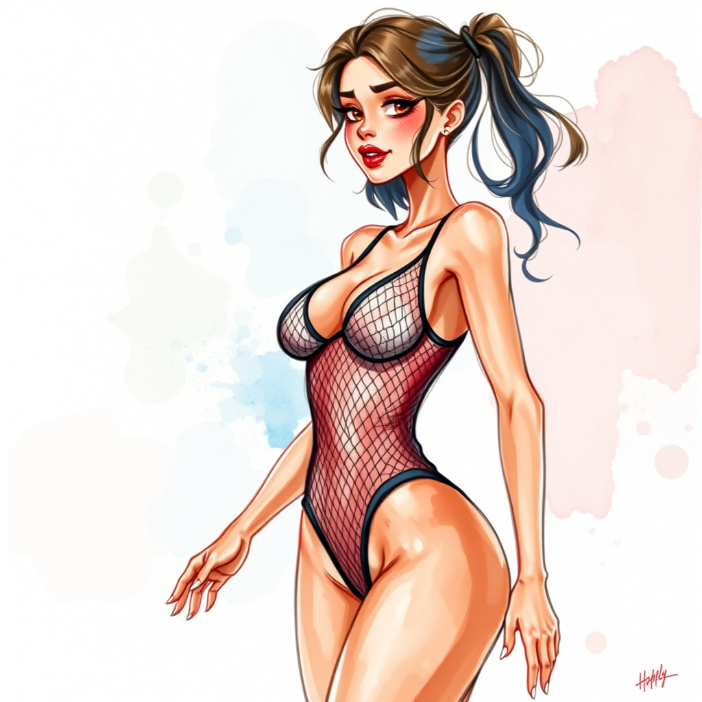 digital watercolor painting illustration with realistic paper texture, depicting sexy cartoon girl in mesh leotard