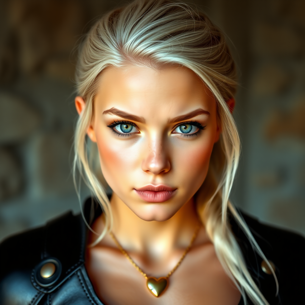 Portrait of a beautiful young platinum blonde woman with green eyes, a suntan, light brown eyebrows, and large breasts. She is wearing black leather armor and a gold necklace with a small heart pendant.