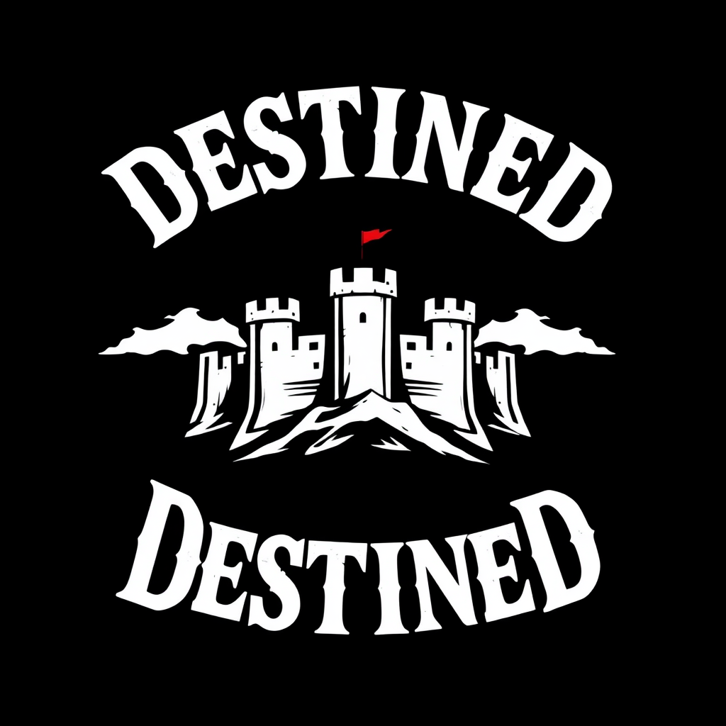 Slogan "Destined" with a sharp fort on a black background and with font