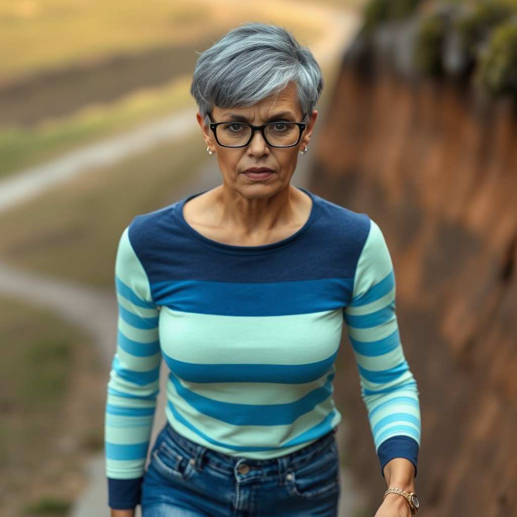 sexy Woman, 35 Years old, European, Latina, sharp aquiline nose, wrinkles, high cheekbones, Middle Eastern, Skinny, Tanned skin, Dark light skin, Makeup, Serious face, frowning, smirking, Ash dark grey hair, bowl haircut, Slicked short hair, Short hair, black eye color, Glasses, detailed features, tight whote and blue striped shirt, tight jeans, long legs, high heels sandals, White hair, walking up a slope, full body, long establishing shot