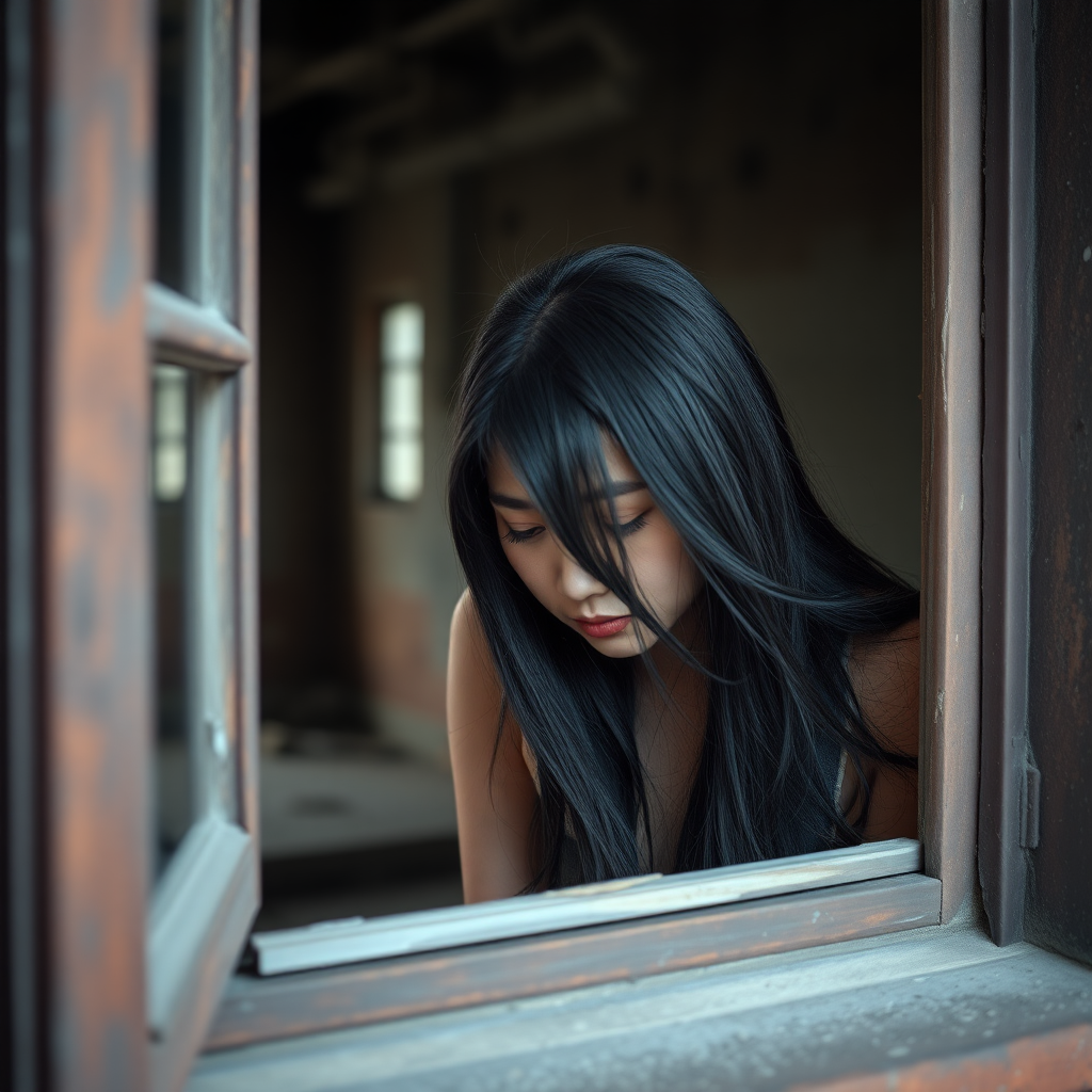 A young, very mysterious homeless Asian woman with long, jet-black hair looks very sadly down from a window of an old abandoned factory.