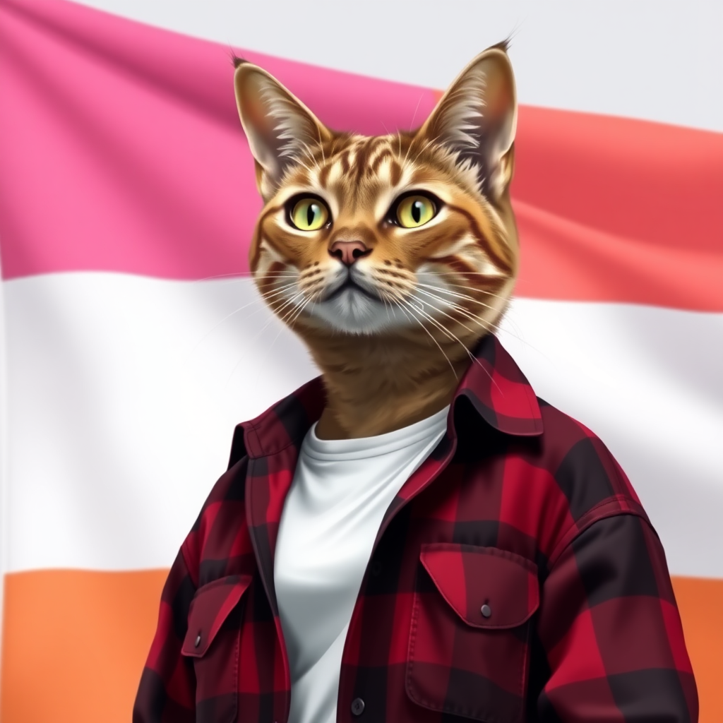 female cat-man with brown color, behind, a flag with horizontal colors pink/light pink/white/light orange/orange, colors in that order, wearing an open red and black checked shirt with a white t-shirt, in digital art