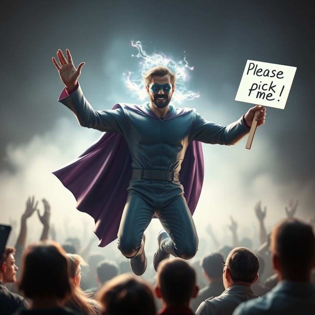 An ethereal mystic superhero eagerly jumps out of a crowd raising and waving his hand. His other hand holds a sign that reads "Please pick me!"