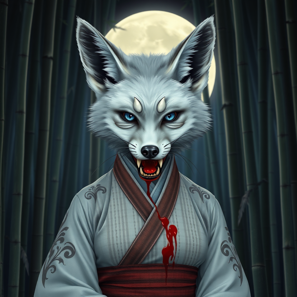 a eerie-looking silverfox with blue eyes in a female Korean big breasted hanbok with baring teeth with blood on the fox teeth, in front of the full moon in a bamboo forest