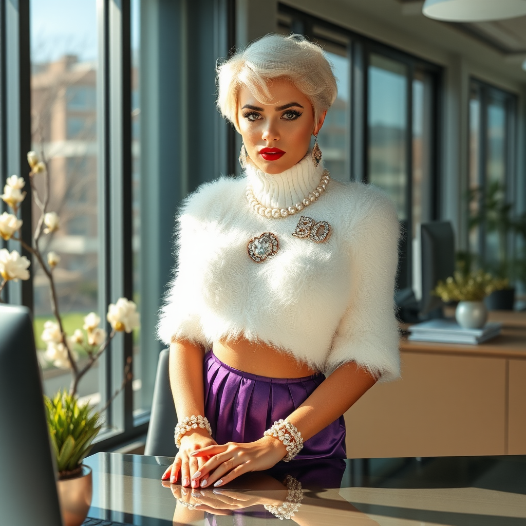 Sunny spring morning, modern glass-steel-concrete office, standing behind desk: Nina, 17 years old very convincing femboy “trophy-bimbo”, tamed servile docile, very beautiful feminine flawless face, rather short, by hormones very curvaceous womanly figured, platinum blond short tight curls, bold red lips, long white French nails, heavily made-up face, wearing Supertanya-style fluffy very fuzzy bright white angora turtleneck-poncho cropped ending under bust decorated with pearls and glass stones, purple vinyl pleated mini-skirt, bright red pumps with golden very high heels, white pearl belly piercing, large pearl earrings, striking diamond “Bimbo” letter brooch on left chest, thick heavy pearl wristlets, pearl anklets, pout frustrated, leaning forward hands on desktop presenting her assets, looking at camera. Focus on face and turtleneck-poncho.