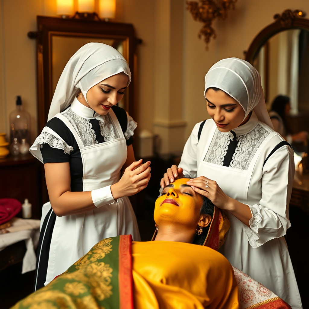 2 French maids with hair covering, working in a beauty parlour, giving a turmeric facial to a wealthy Indian wife.