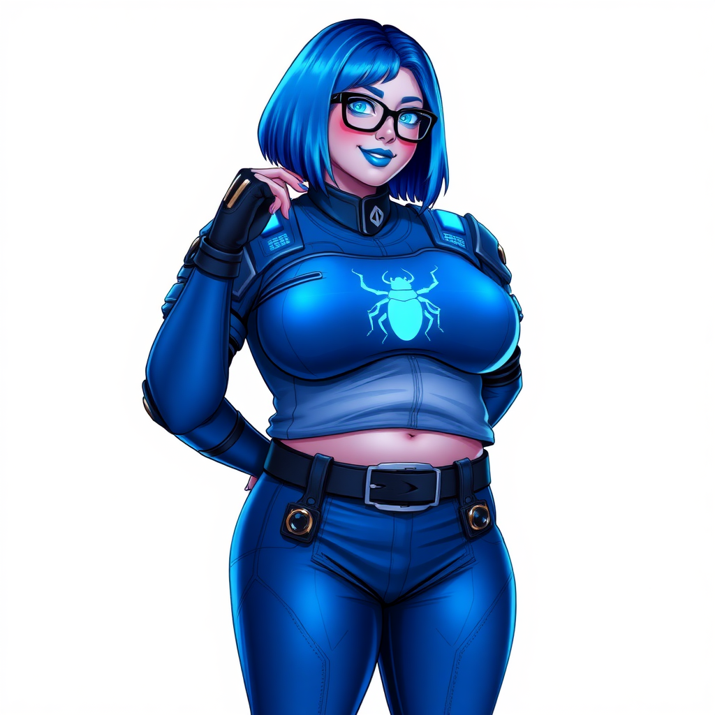 A 28-year-old, full-figured, metallic maximum blue (5PB 5/10) skinned computer program hybrid with a maximum blue bob cut. She has a non-athletic build, highlighted by a prominent, round midsection (with heavy emphasis on her round belly), which shows the effects of her love of junk food acquired from her boyfriend. As the full-figured, nerdy, digital sidekick to her cyberpunk vigilante boyfriend, her metallic maximum blue skin and maximum blue lipstick (5PB 5/12) emphasize her digital nature. Her skin has a subtle, animated glow, with digital patterns occasionally flickering across it, making her digital nature obvious. She wears a digital, computerized costume, consisting of a massive, tight-fitting, maximum blue biker shirt (5PB 5/12) made out of advanced nanotech with a neon blue glowing chest icon of a beetle, hi-tech shoulder pads with neon blue accents, a black hi-tech belt with a digital neon blue glowing buckle, digital maximum blue biker pants (5PB 5/12) with neon blue accents, and black hi-tech fingerless biker gloves with neon blue glowing accents. Her neon blue glowing eyes, black eyeglasses with neon blue glowing lenses equipped with a built-in HUD, and bashful smile with neon red blush accentuate her nerdiness. She stands bashfully with one hand behind her back and the other hand gently touching her cheek, her costume covering all her skin and emphasizing her full figure (especially her round belly). She is clearly non-athletic, with a focus on her full-figured physique. Despite her build, she radiates beauty. She has a slim face compared to her physique, accentuating her radiant beauty. She is on a solid white background. She is drawn as if she were in a retro 2D cyberpunk fighting game.