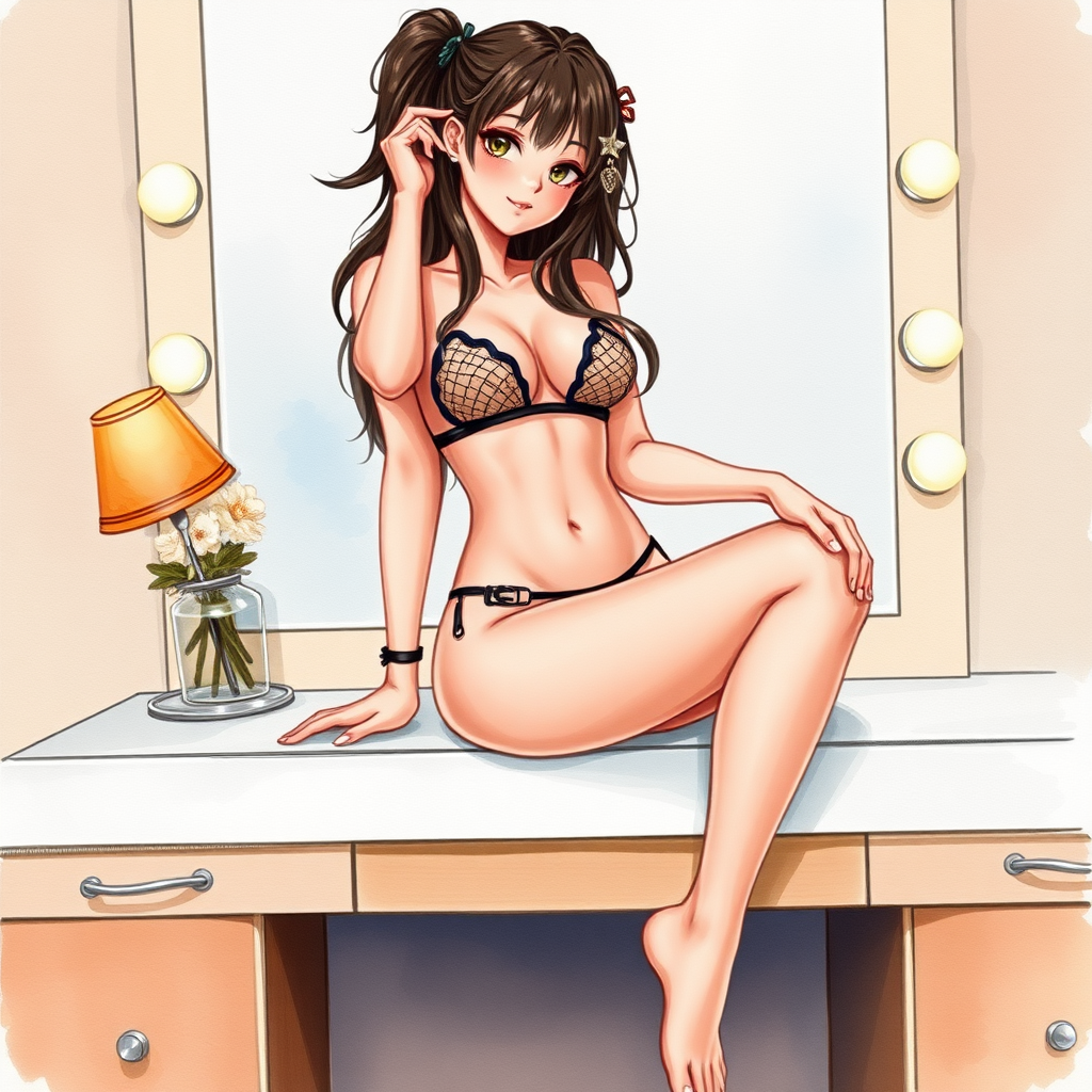 digital watercolor painting illustration with realistic paper texture, depicting western anime cartoon style sexy cartoon girl in revealing micro mesh bikini gstring thong sitting on built in vanity with knees parted to reveal panties