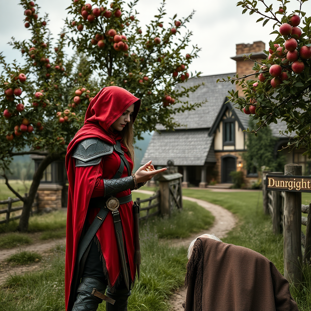 A wide distance shot of a female thief in red armor, standing next to an old man who is bent with age and looks ill. She is holding a gold ring towards him. Apple trees surround a pastoral fantasy house near a road to "Dunright".