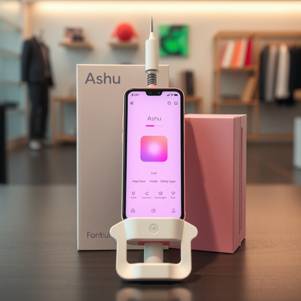 A close-up straight front view of a mobile phone in a shape inspired by a syringe, white pink futuristic, kept for sale leaning against a box with text Ashu and minimal design, in a showroom, touchscreen phone with Instagram page open on the screen, needle on top, whitepunk.