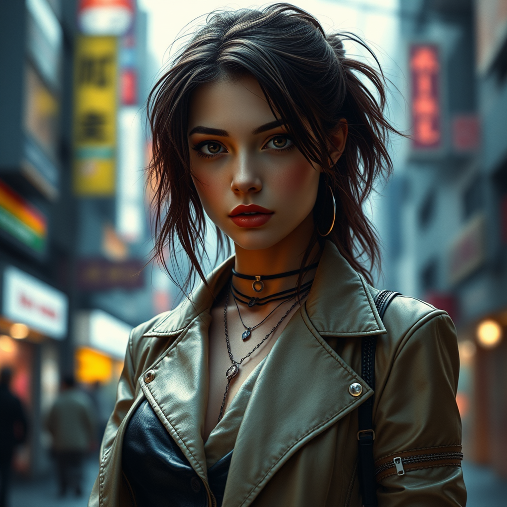 A full body shot of a pretty twenty-something female with a face resembling (Ana de Armas). Elegant cyberpunk clothing, Neo-Tokyo, Shadowrun. Hyper-realistic, photorealistic digital matte painting, soft focus, film grain, lens flare. Gritty, dirty, scuffed.