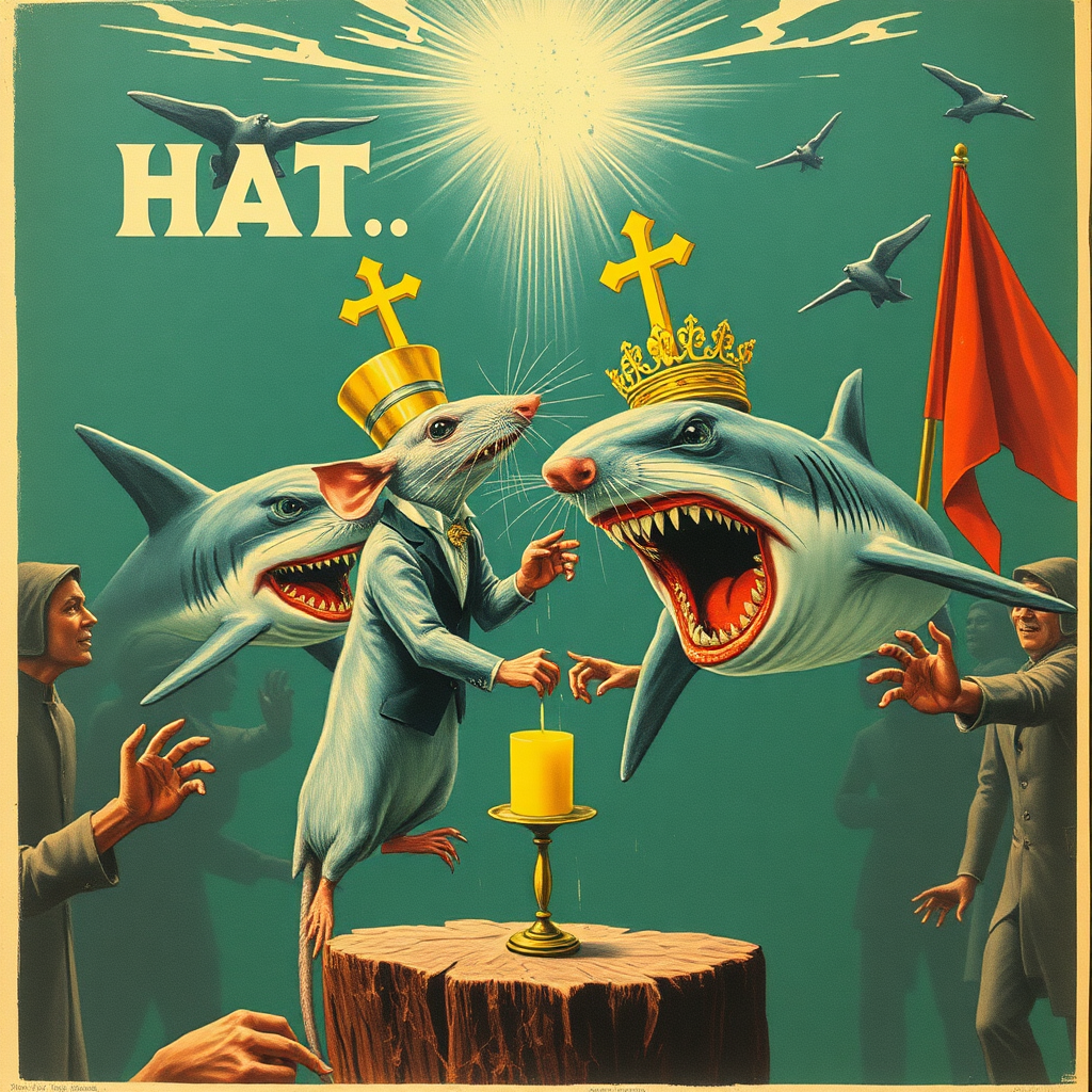 A rat wedding being attacked by hammerhead sharks, Catholic, Soviet propaganda poster, no text, Lovecraftian, in India