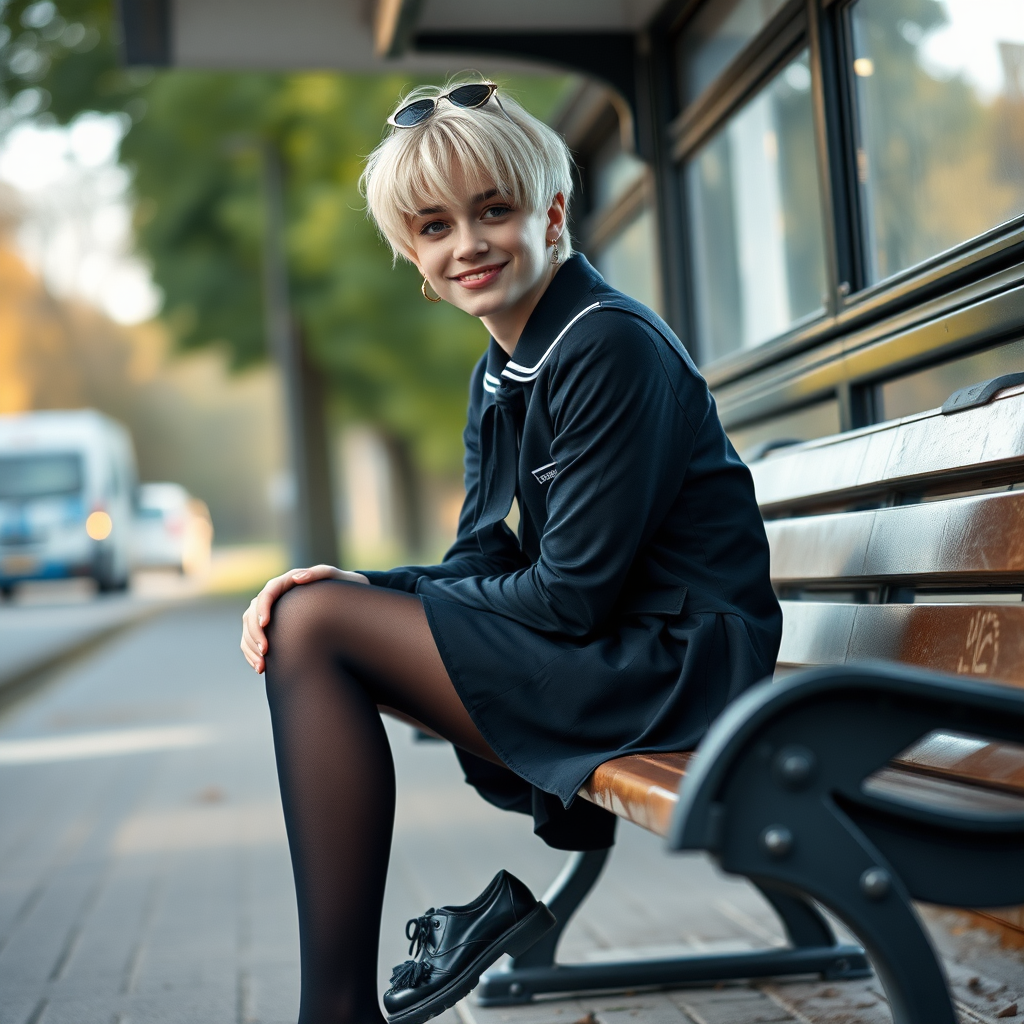 photorealistic, ultra high resolution, 16K, surreal fantasy, soft studio lighting, a pretty 18 year old goth male, slim male physique, short blonde hair, goth makeup, earrings, shiny black pantyhose, UK girls-school uniform, Mary-Jane shoes, sitting on a bench waiting for the school bus, in daylight, excited smile, facing the camera.