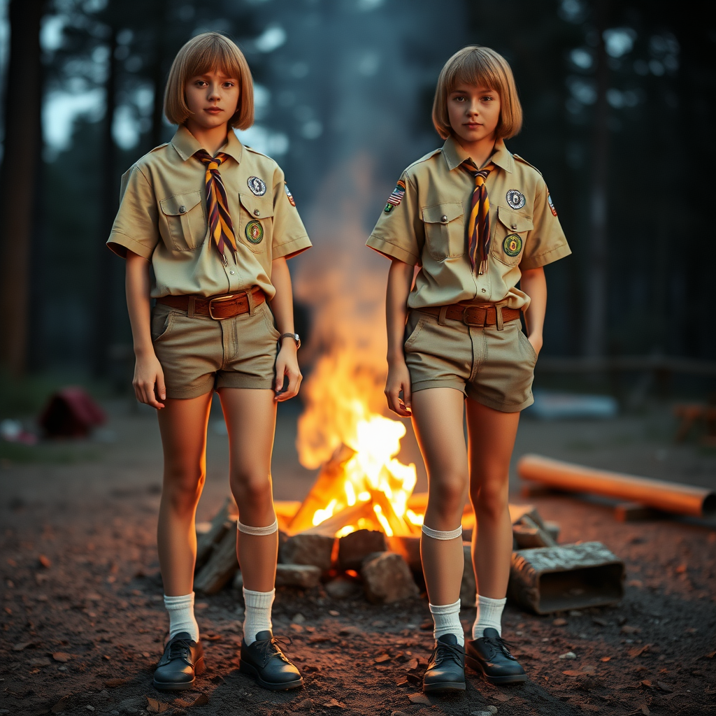 two tall 14yo teen boys, long bob cut, wearing American boy scout uniform with uniform matching very tight booty shorts, tube socks, shoes, long legs, narrow thighs. a campfire. full-length view. 1980s. photorealistic, ultra high resolution, 16K, Negative: grainy, blurry, bad anatomy, extra limbs, watermark.