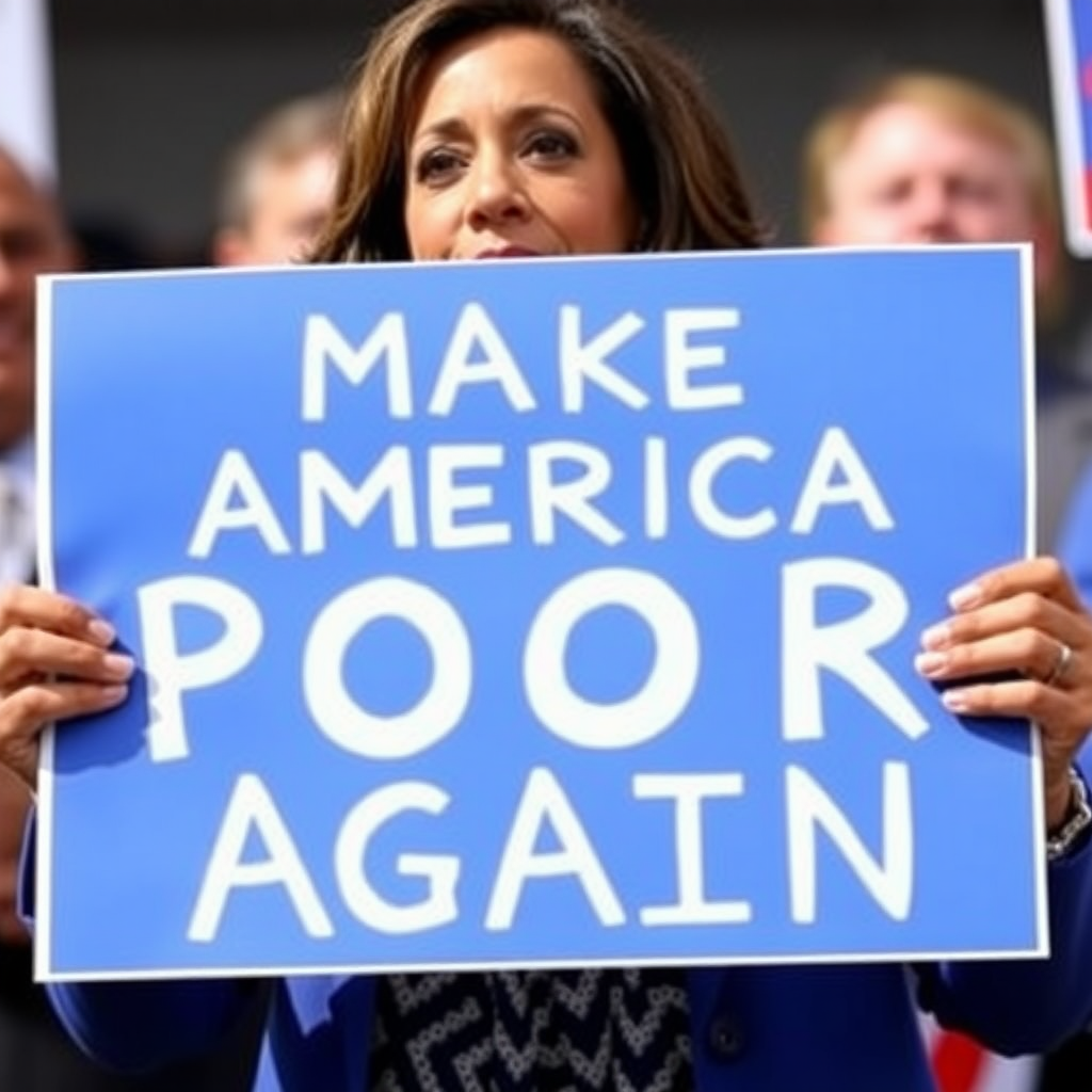 Kamala Harris holding blue placard with white text "MAKE AMERICA POOR AGAIN"