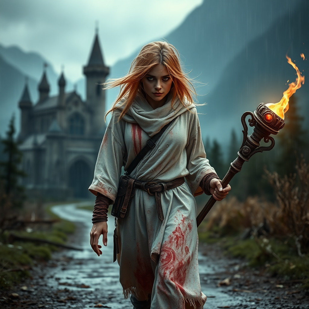 A full body shot of a pretty twenty-something female orc wizard with a face resembling Ana de Armas, walking towards the camera unsteadily. Strawberry blonde messy shoulder-length hair tussled by the wind. White robes covered in runes, a magic aura swirling around her visibly, magic staff with a gem. It is dawn. She is bleeding and covered in soot and dirt. There is a ruined castle out of focus in the background. Forest and mountains, rain. Hyper-realistic, photorealistic digital matte painting, soft focus, film grain, lens flare. Gritty, dirty, scuffed.