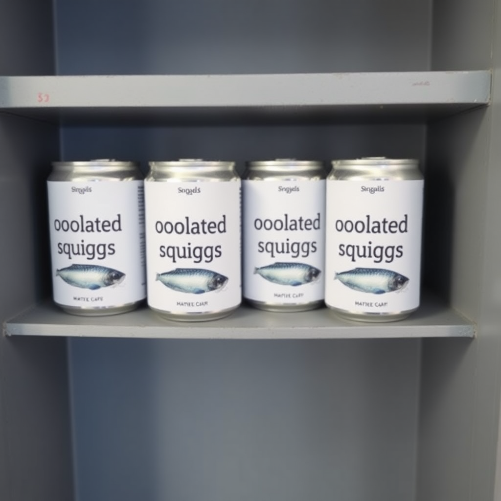 a small shelf with cans that have an image of fish on the label and text saying "oolated squiggs", the text should be "oolated squiggs" with no errors, oolated squiggs, oolated squiggs, oolated squiggs, oolated squiggs