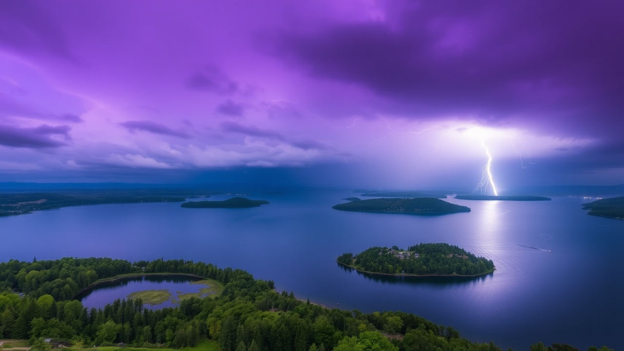 photo, lakes, purple sky, lightning