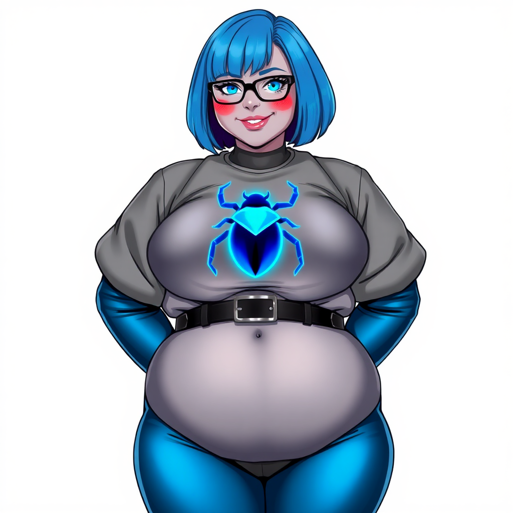 A 28-year-old, full-figured, middle gray metallic-skinned computer program-human hybrid with a maximum blue bob cut. She has a non-athletic build, highlighted by a prominent, round, large midsection. As a digital sidekick, computer hacker, and nerdy girlfriend to her cyberpunk vigilante boyfriend, her middle gray metallic skin and maximum blue lipstick emphasize her digital nature. She wears an oversized maximum blue toned leather shirt with a neon blue beetle chest icon, a black belt with a sapphire scarab buckle, maximum blue pants, and black gloves. Her bright blue eyes, black eyeglasses, and lovestruck smile with neon red blush accentuate her nerdiness. She stands bashfully with her hands behind her back, her bodysuit covering all her skin. Her physique is emphasized. She is on a solid white background. She is drawn as if she was in a retro 2D cyberpunk fighting game.