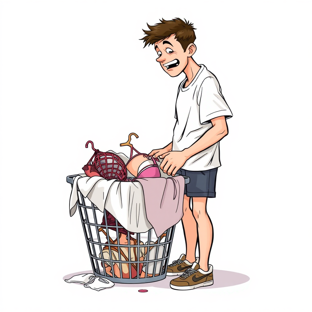 nervous short 20 year old european skinny man, short white t-shirt, standing, stunned, mesmerized, joyful, aroused, heavy drooling, heavy sweating, fumbling through a small dirty laundry basket piled up with sexy woman stained lingerie, detailed fabric, side view, sneakers, detailed feet, 2D, caricature, cartoon, Sketch lines, coloring book, coloring book, no body parts, no blood