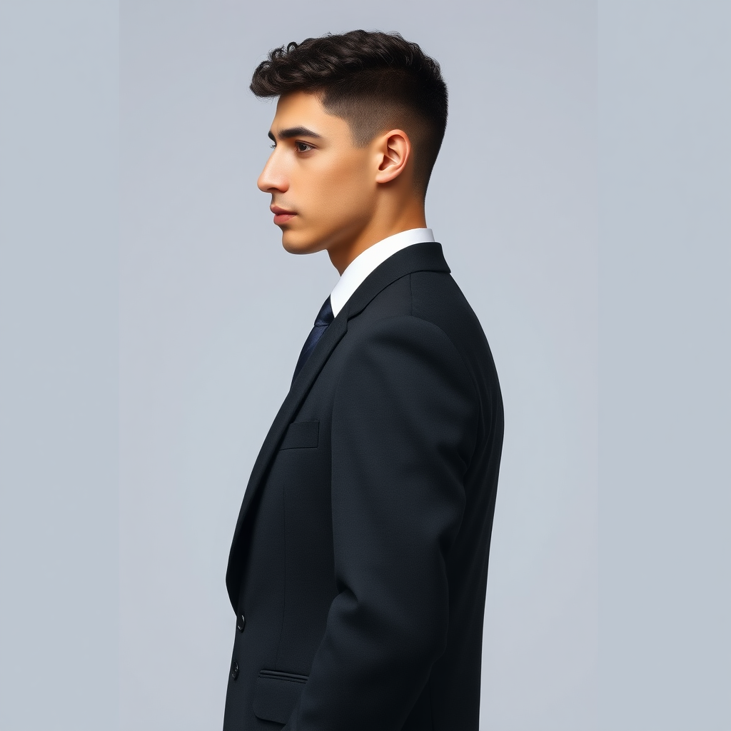 Tall male model in profile, dressed in a formal suit, long trousers, patent leather shoes, very short fine curly hair, oval face, small nose, brown eyes, thin lips, normal attached ears, slight double chin, Mediterranean complexion, very thin brown eyebrows.