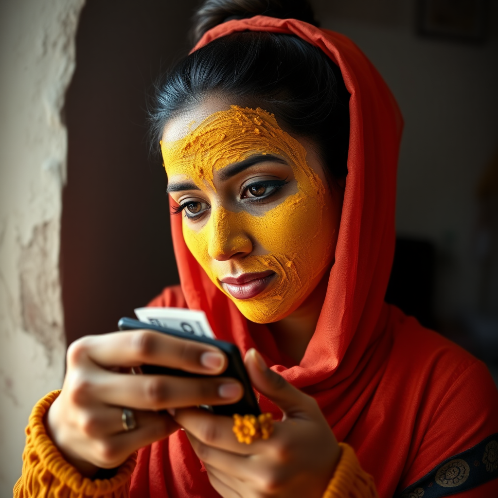 wide angle image of a slim, curvy, 30 year old indian maid with hair covering bun, her face is covered with turmeric mask. she is stealing money from wallet.