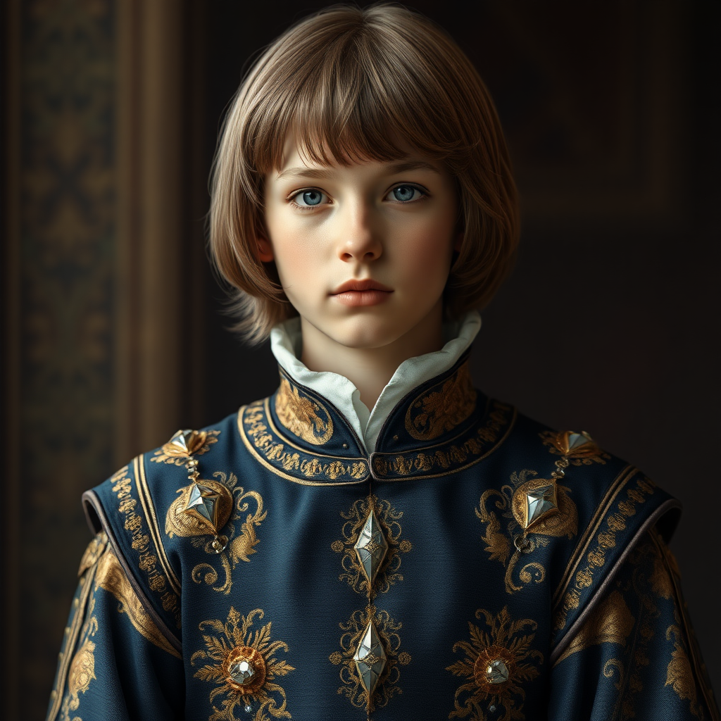 16yo teen boy prince, long bob cut, embroidered medieval cloths, gold, diamonds. photorealistic, ultra high resolution, 16K,