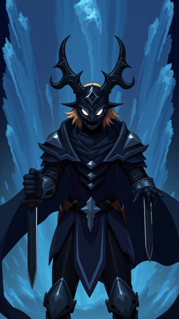 (Anime-pixel art) background of a massive blue-black-dark fountain erupting into the air, a fierce and violent knight stands poised for battle. She wears sleek, black knight armor, marked by a small perfect white eye symbol at its center, exuding an air of intimidation. Her face is obscured by a terrifying goat-like mask, with a single glowing white eye on the right, and another white eye symbol perched at the top of the mask, adding to her menacing presence. The knight's imposing silhouette is accentuated by two large, dark-silver shoulder guards that gleam ominously in the darkness. Draped behind her is a flowing dark-blue cape that billows dramatically, hinting at her formidable power. Atop her head, two impressive deer antlers rise, further enhancing her fearsome appearance, while her short, tousled blonde hair peeks out from beneath the mask. In the left hand of her palms, she wields a black-dark knife with a white aura around its edges.

This is the Roaring Knight, known as Mayor Holiday from Deltarune, captured in a striking full-body view that highlights both her ferocity and enigmatic allure.