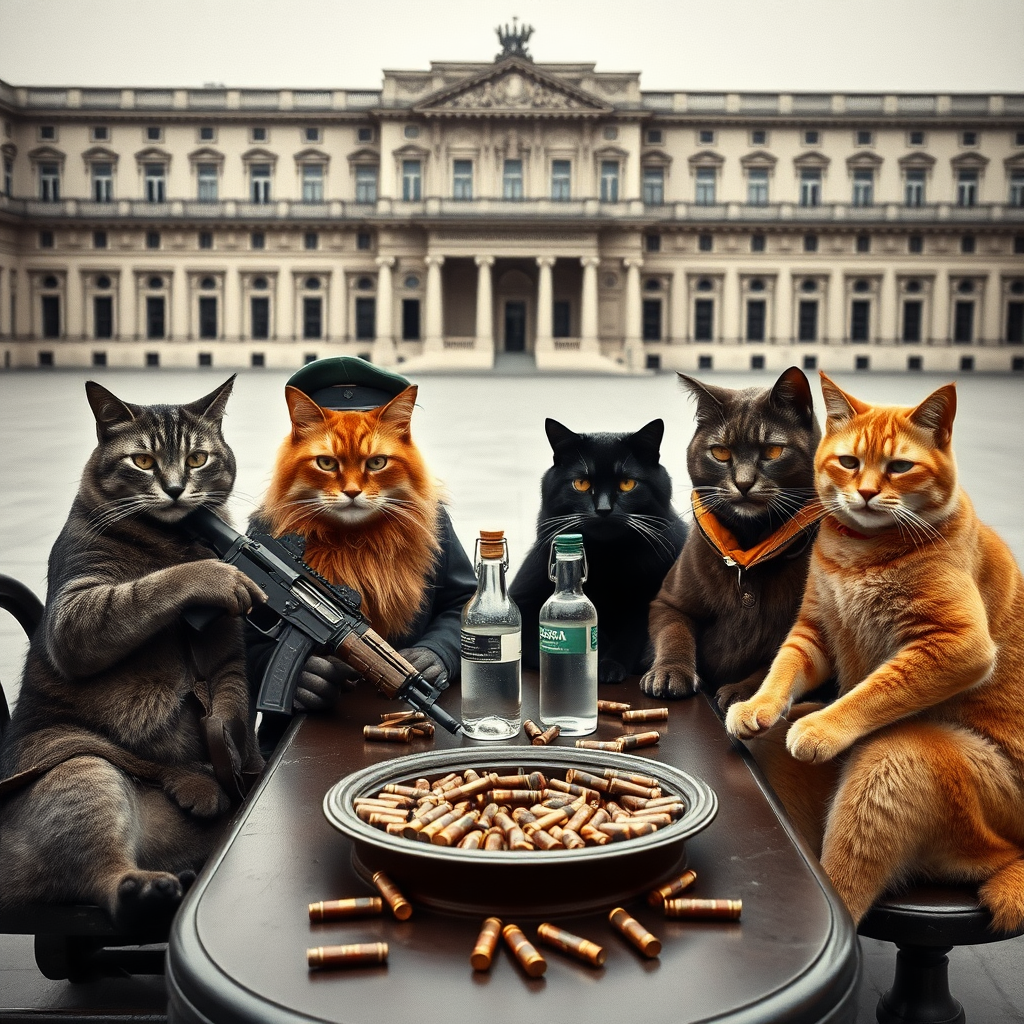 4 serious cat-men in a large square, a dark one holding an AK-47, an orange one with a Russian military cap, a dark brown one and a light brown one, USSR communists with vodka, sitting around a table with bullet casings on it in the style of an old black and white photograph.