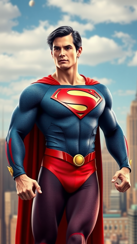 Create a full-length photorealistic image of Superman, featuring the musculature of Elastigirl, while preserving his head, hairstyle, and facial features intact. Retain the original Superman costume, enhancing it with embellishments that accommodate the new proportions. Design a background inspired by both characters, blending elements of Superman's iconic cityscape with the vibrant, playful aesthetic of Elastigirl's world. The overall scene should showcase a dynamic pose that emphasizes strength and flexibility, capturing the essence of both superheroes in a cohesive and imaginative setting.