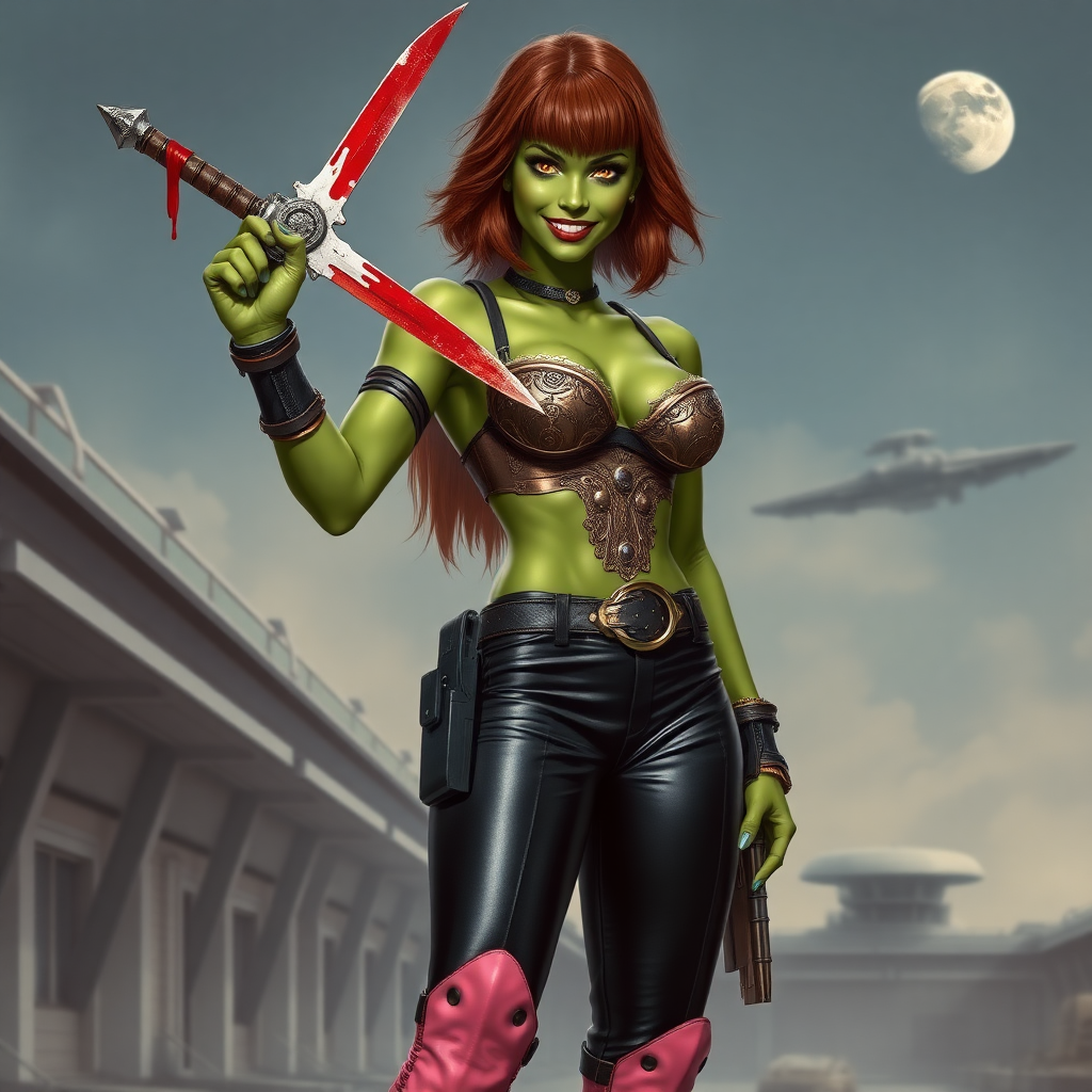 Tall, beautiful green skinned woman. Her brown hair is in a shag-cut style. Her eyes are gold. She is dressed in an ornate metal bra. She is wearing black leather pants, with pink knee high boots. She is holding a large, bloody dagger in a threatening manner. She is smiling. A sci-fi looking gun is holstered at her hip. She is at a sci-fi space-port. A spaceship is seen in the sky, a moon behind it.