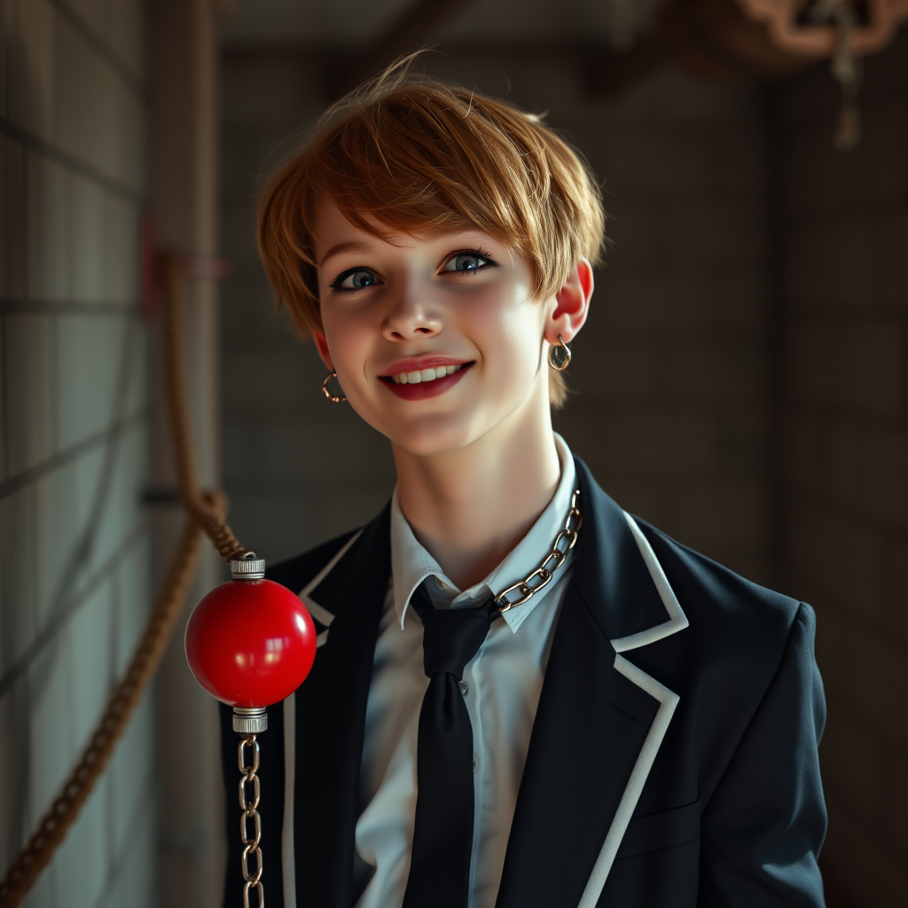 photorealistic, ultra high resolution, 16K, surreal fantasy, soft studio lighting, Tyler Swift is a pretty 18 year old goth male, slim male physique, auburn hair, , goth makeup, earrings, shiny black pantyhose, school uniform shirt tie and blazer, Mary-Jane shoes, spikey neck collar chain and leash, red ball-gag, in a dungeon, the end of the leash is chained to the wall, in daylight, excited smile, facing the camera.