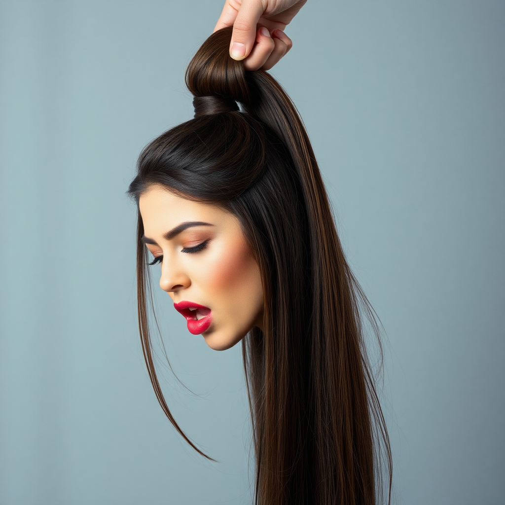 Surreal image of a very long haired woman's beautiful disembodied head hanging by her very long hair. Her very long hair is gathered at the top of her head into a long ponytail that stretches upward into a grasped hand. Plain gray background. She has an aroused expression on her face while biting her lip.