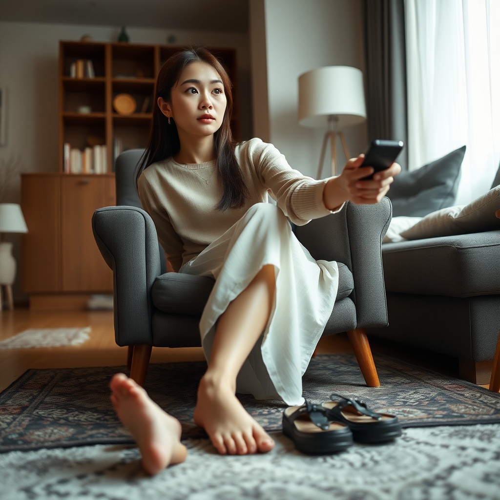 photo low angle full body shot beautiful xiaomeimei looking ahead. She is sitting on a chair in a living room. she looks tired. she is pressing a button on a remote control. there rug on the floor in front of the chair. she is barefoot. her shoes lie on the rug