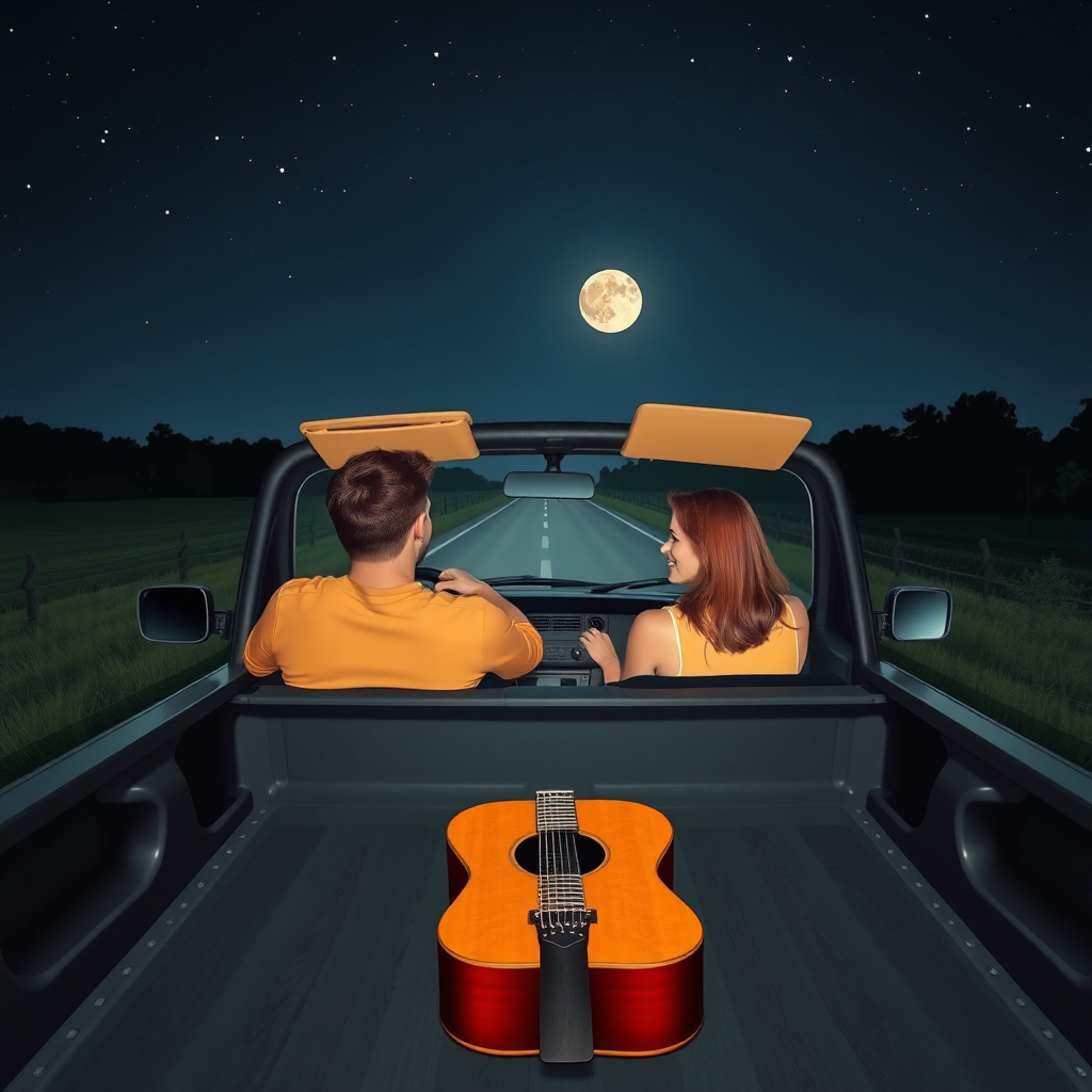 An image of a young couple driving down country roads in the middle of the night with the moon out and the stars above in their pickup truck with the top down. The guy is in the driver's seat. The woman in the passenger seat. There is a guitar in the flat bed.