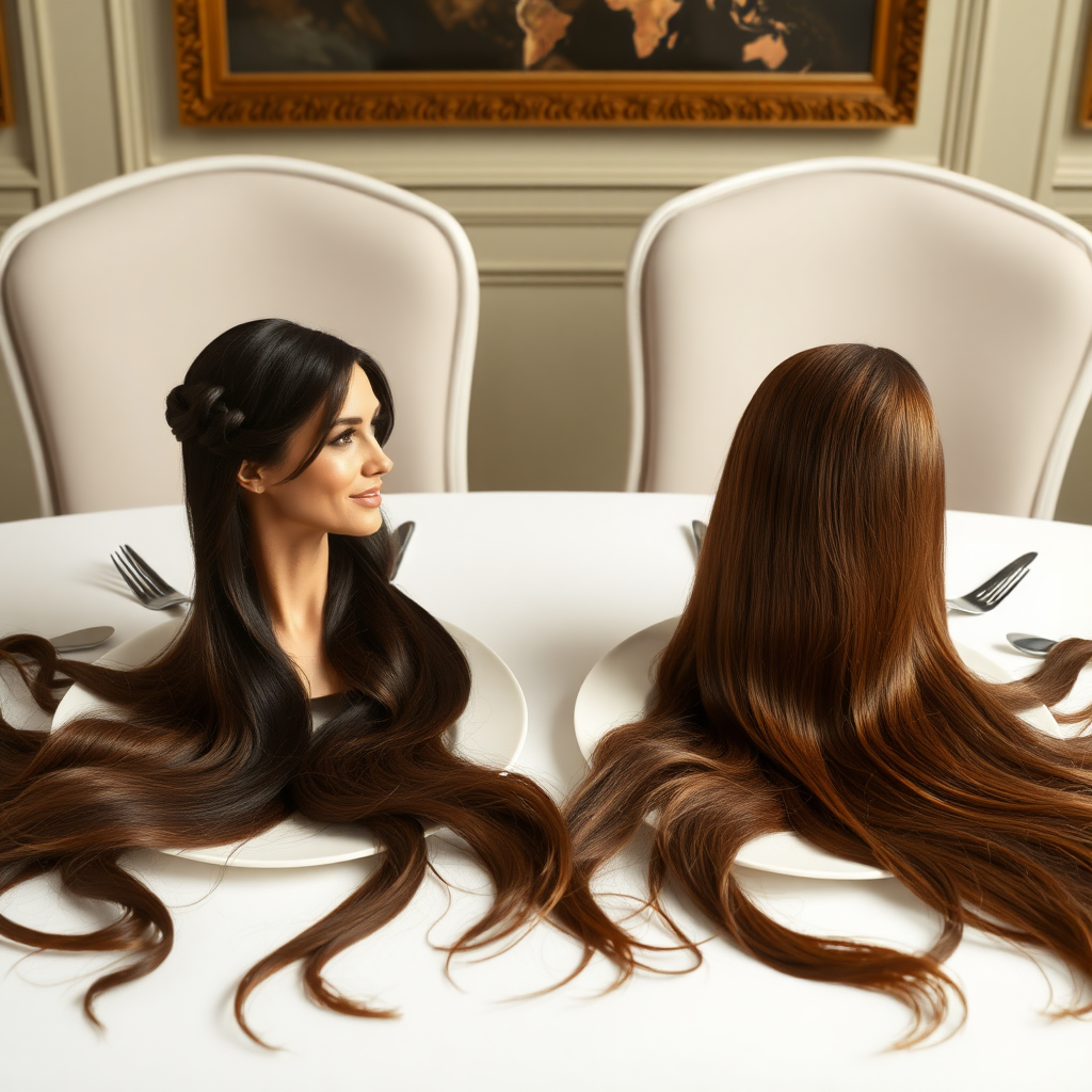 Surreal image of the disembodied heads of very long haired Meghan Markle and Kate Middleton served on plates. Their beautiful hair spread out all over the table.