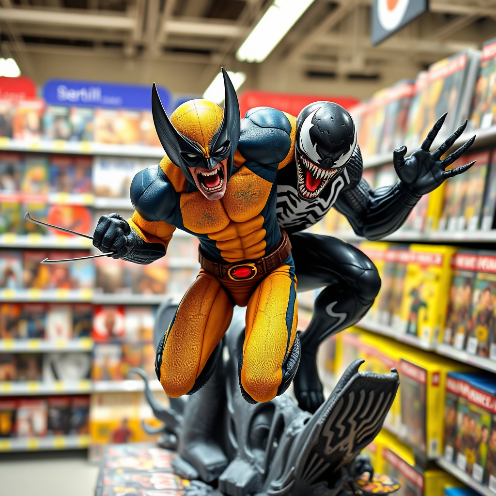 Jumping out of a Comic book cover on a store shelf is Wolverine and Venom with in Cinematic Real3D photo-realistic quality.