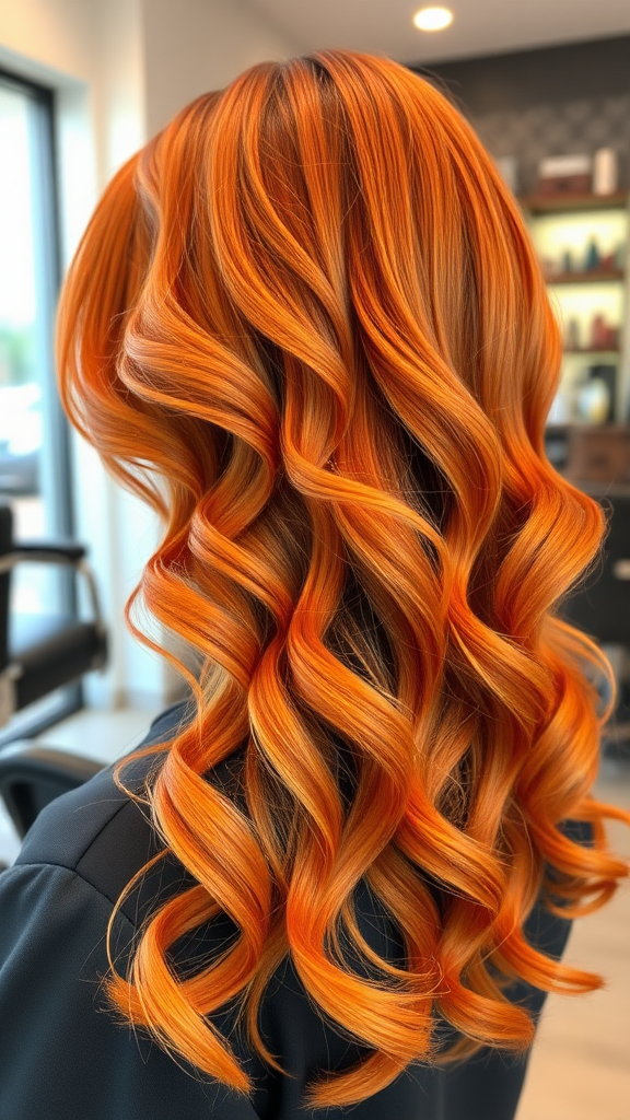 Wavy hair in orange-red color, in high definition, in the background, hair salon.