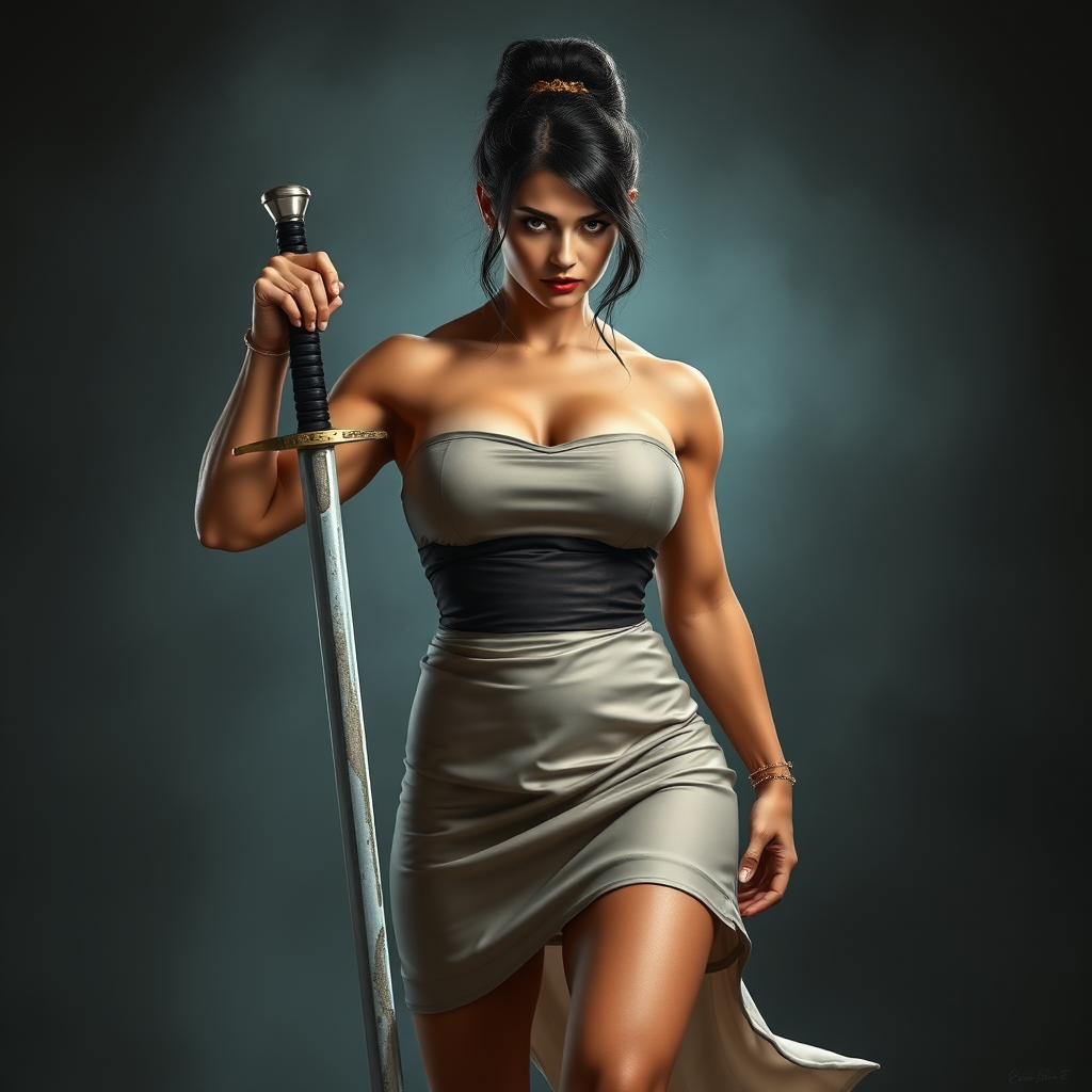 strong massive huge muscular bodybuilder girl, strapless dress, sword