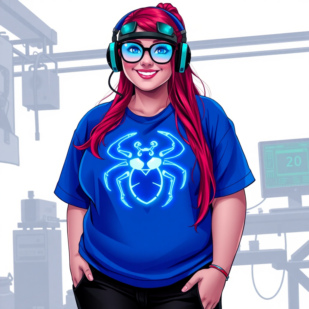 A cyberpunk vigilante’s full-figured intelligent and tech-savvy 29-year-old girlfriend, who is a computer hacker and tech genius. She has a long ruby red ponytail and bright blue eyes. She wears a sapphire beetle gemstone necklace, and an oversized maximum blue t-shirt featuring a giant neon blue glowing icon of a beetle on its chest. She has a full-figured physique with a prominent, gargantuan, round midsection, reflecting her well-cared-for lifestyle. The midsection is heavily emphasized. She sports a sapphire headset with hi-tech maximum turquoise lensed HUD visor, black eyeglasses, and a beaming smile with a passionate bright red blush. Despite her figure and a lack of self-esteem, she radiates an air of beauty. She has a slim face which contributes to her radiant beauty. She serves as his tech expert from his hideout, dutifully working at her workshop with a computer desk and tool bench. The background is solid white. She is drawn as if she was in a retro 2D cyberpunk fighting game. Ensure her shirt covers her round midsection.