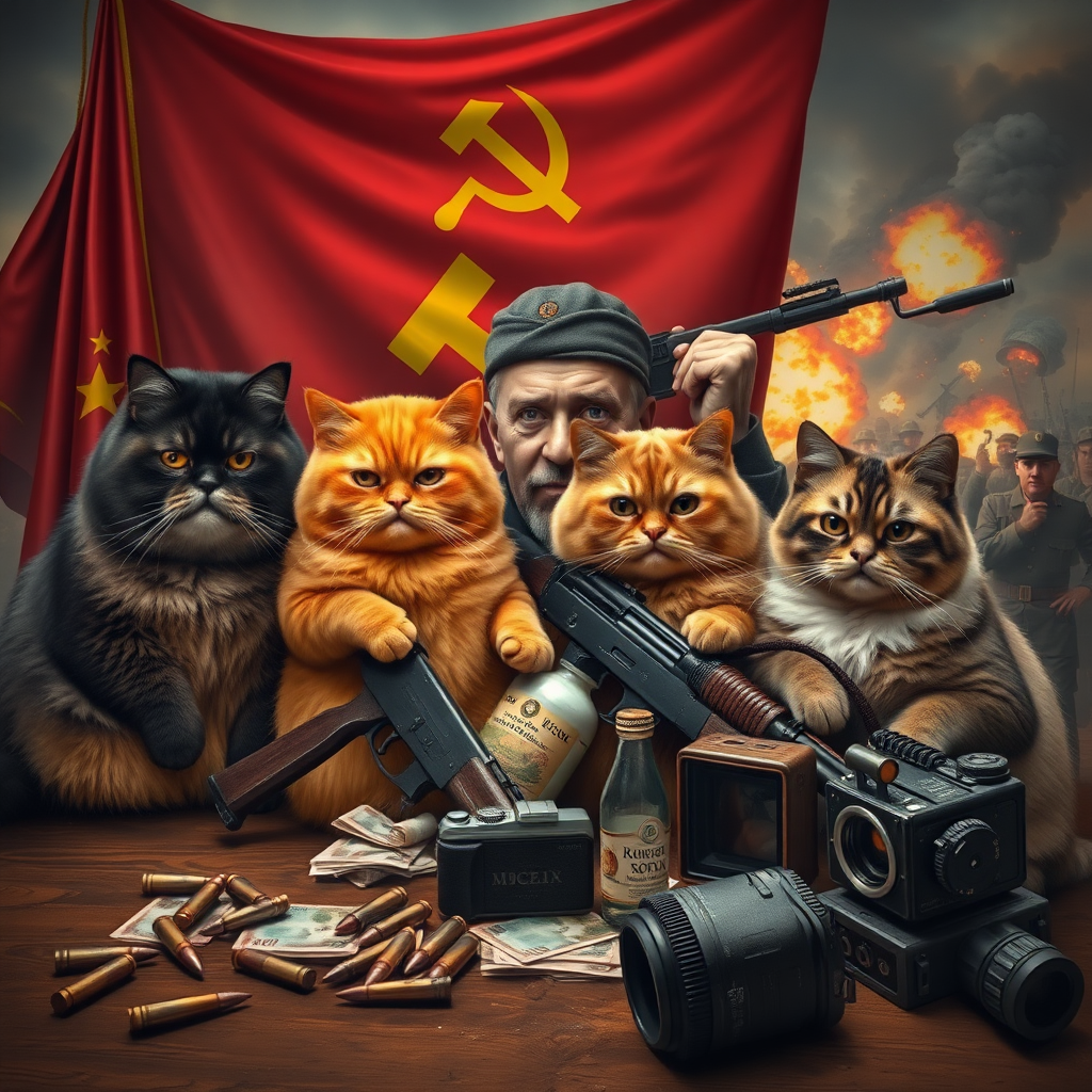 4 chubby cats, black, orange, dark brown and light brown, Soviet communist with an AK-47 and vodka and a USSR flag behind a table with bullet casings on it and Russian money and a vintage camera in a battlefield with explosions.