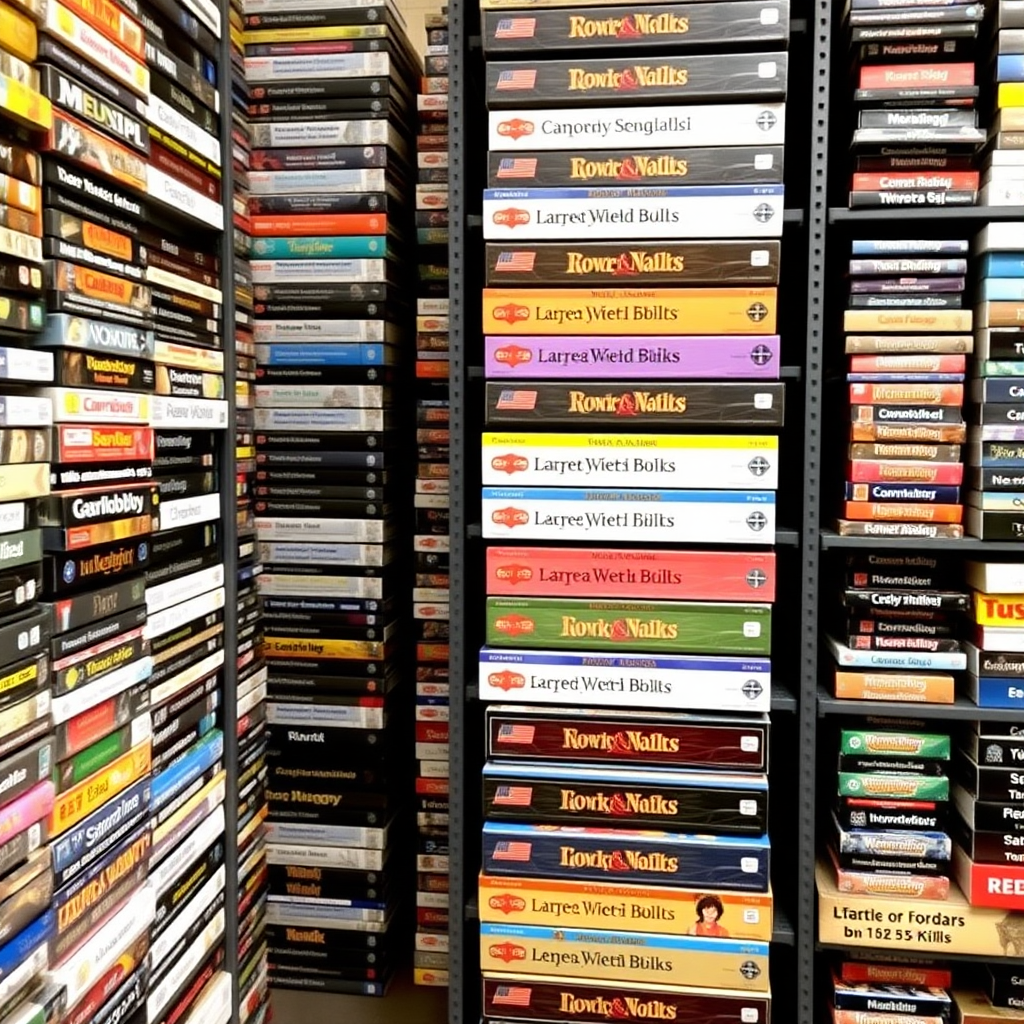 Shot of multiple shelves with board game boxes stacked vertically and horizontally, at least 300 boxes, taken at a distance of at least 3 meters. The boxes have multiple colors and sizes. Avoid boxes with black color.